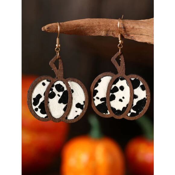 Halloween Pumpkin Leopard Pattern Hollowed Out Leather Earrings - Picture 2 of 3